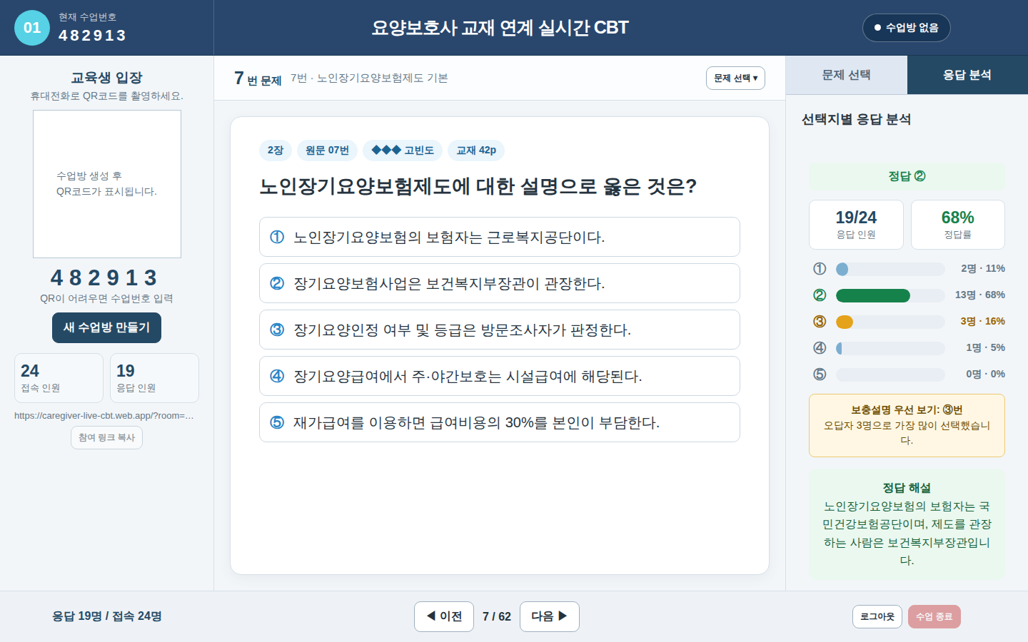 LIVE CBT 강사 화면: 문제와 선택지별 응답 분포, 정답률, 보충설명할 오답을 함께 확인